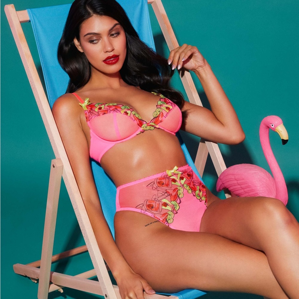 Playful Promises Magda Neon Cocktail Pink and Yellow 3 piece Lingerie Set XXL